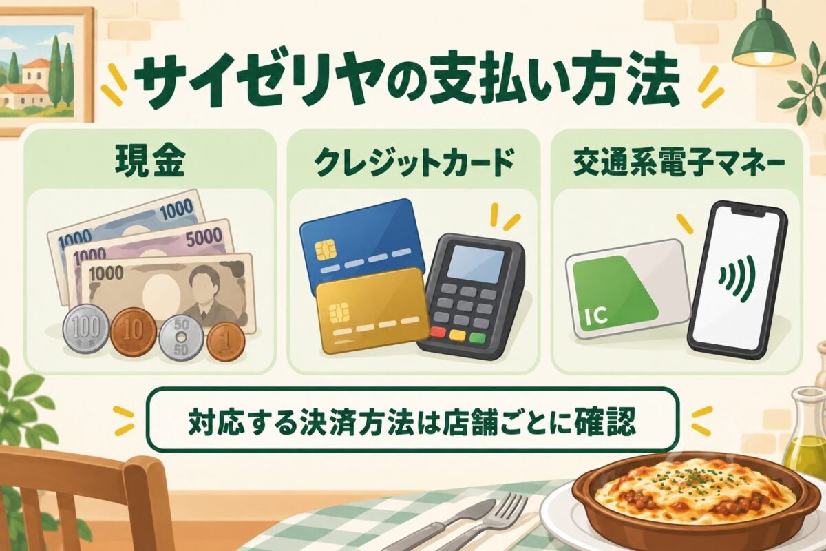 現金・クレジットカード・交通系電子マネーの3種類を示し、対応する決済方法は店舗ごとの確認が必要と説明する図