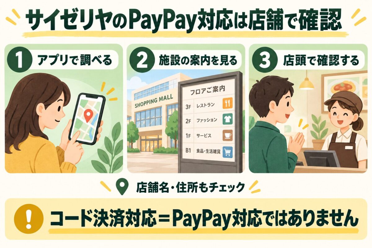 PayPayアプリ、商業施設の案内、店頭でPayPay対応を確認する3つの手順。コード決済対応だけではPayPay対応とは限らないと説明する図