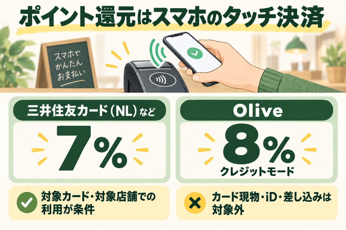 対象店舗でのスマホのタッチ決済は三井住友カードNLなどが7%、Oliveのクレジットモードが8%還元。対象カードなどの条件があり、カード現物・iD・差し込みは特典の対象外と説明する図