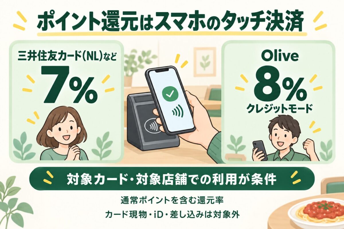 対象店でのスマホのタッチ決済は三井住友カードNLなどが7%、Oliveのクレジットモードが8%還元。カード現物・iD・差し込みは特典の対象外と説明する図
